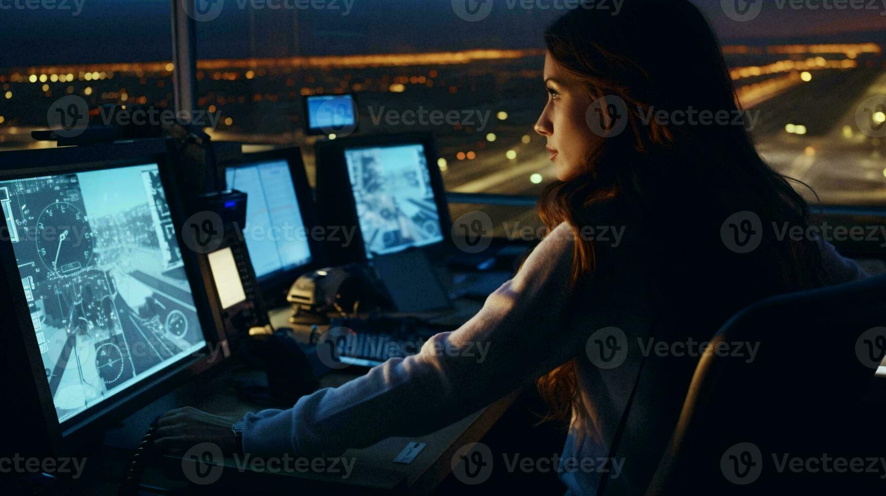 une femme travail à une bureau avec plusieurs ordinateur moniteurs ai généré photo