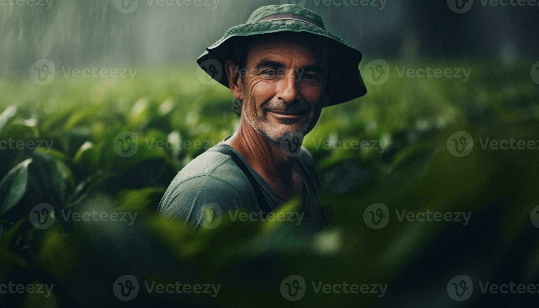 une homme dans une chapeau permanent dans une champ ai généré photo