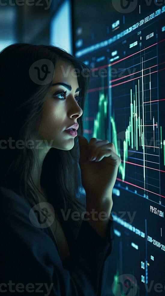 une femme en cours d'analyse Stock marché les tendances sur une ordinateur écran ai généré photo