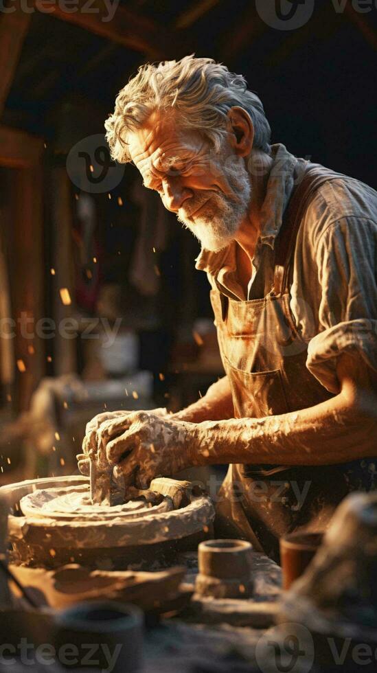 une potier sculpture une argile navire avec concentré concentration ai généré photo