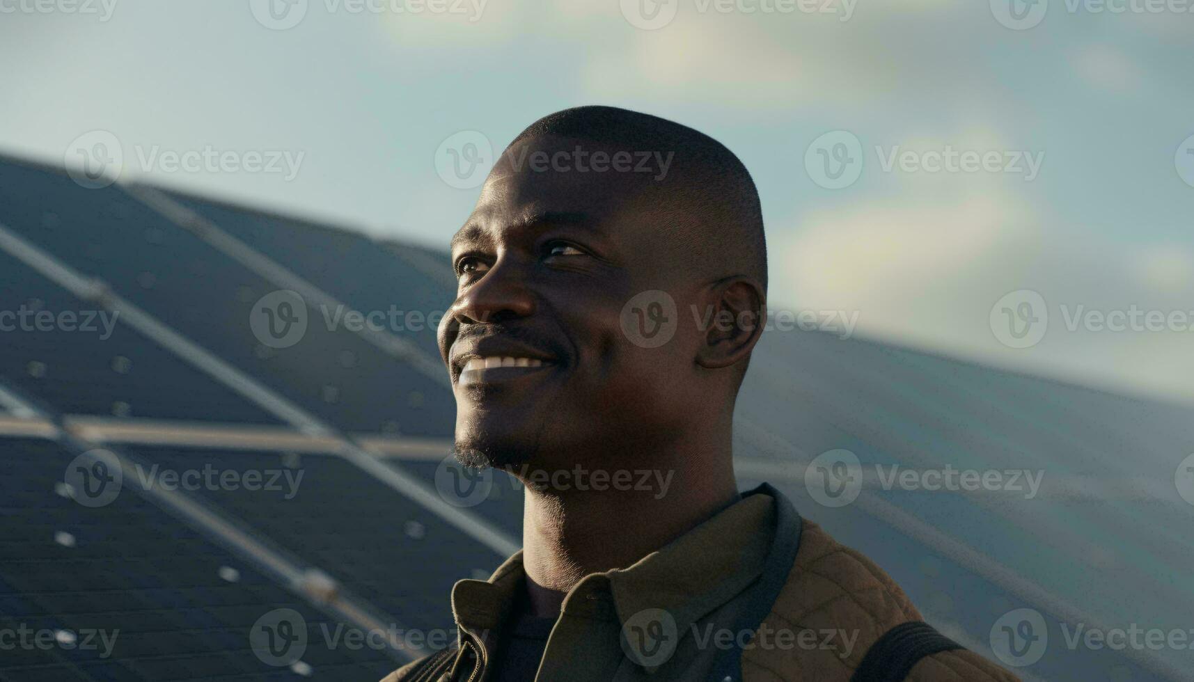 une homme permanent dans de face de une solaire panneau, exploiter nettoyer énergie ai généré photo