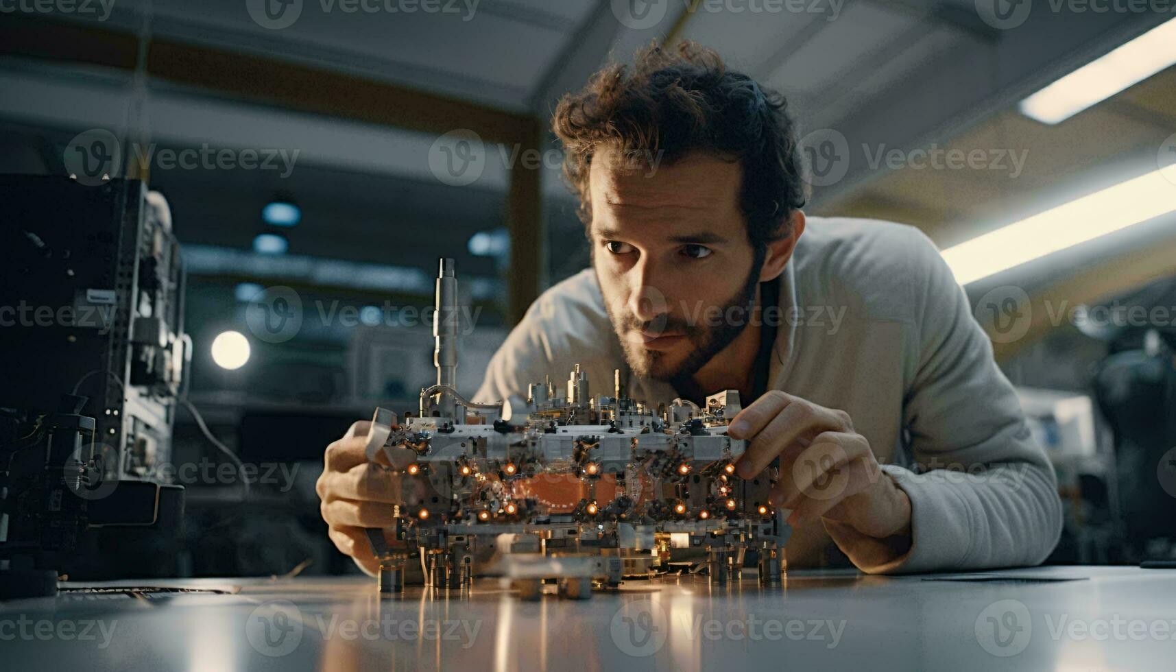 une homme observer une miniature ville modèle avec fascination et curiosité ai généré photo