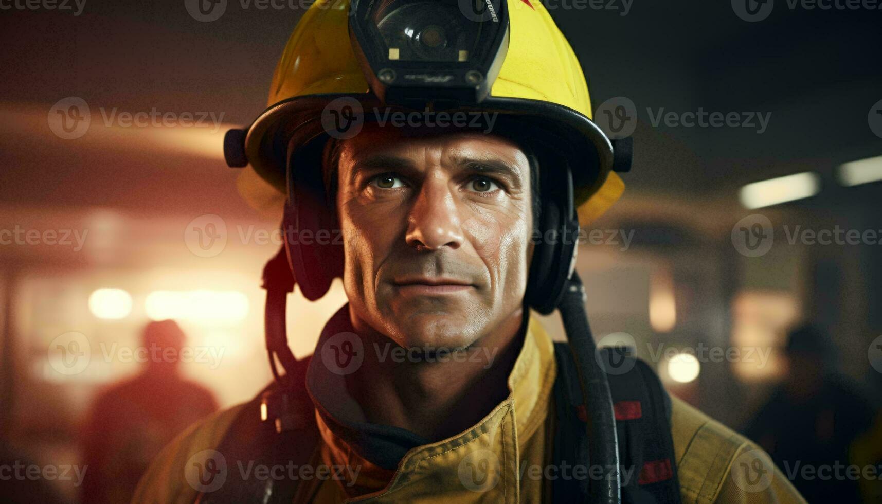 une pompier dans une casque regarder dans le distance ai généré photo