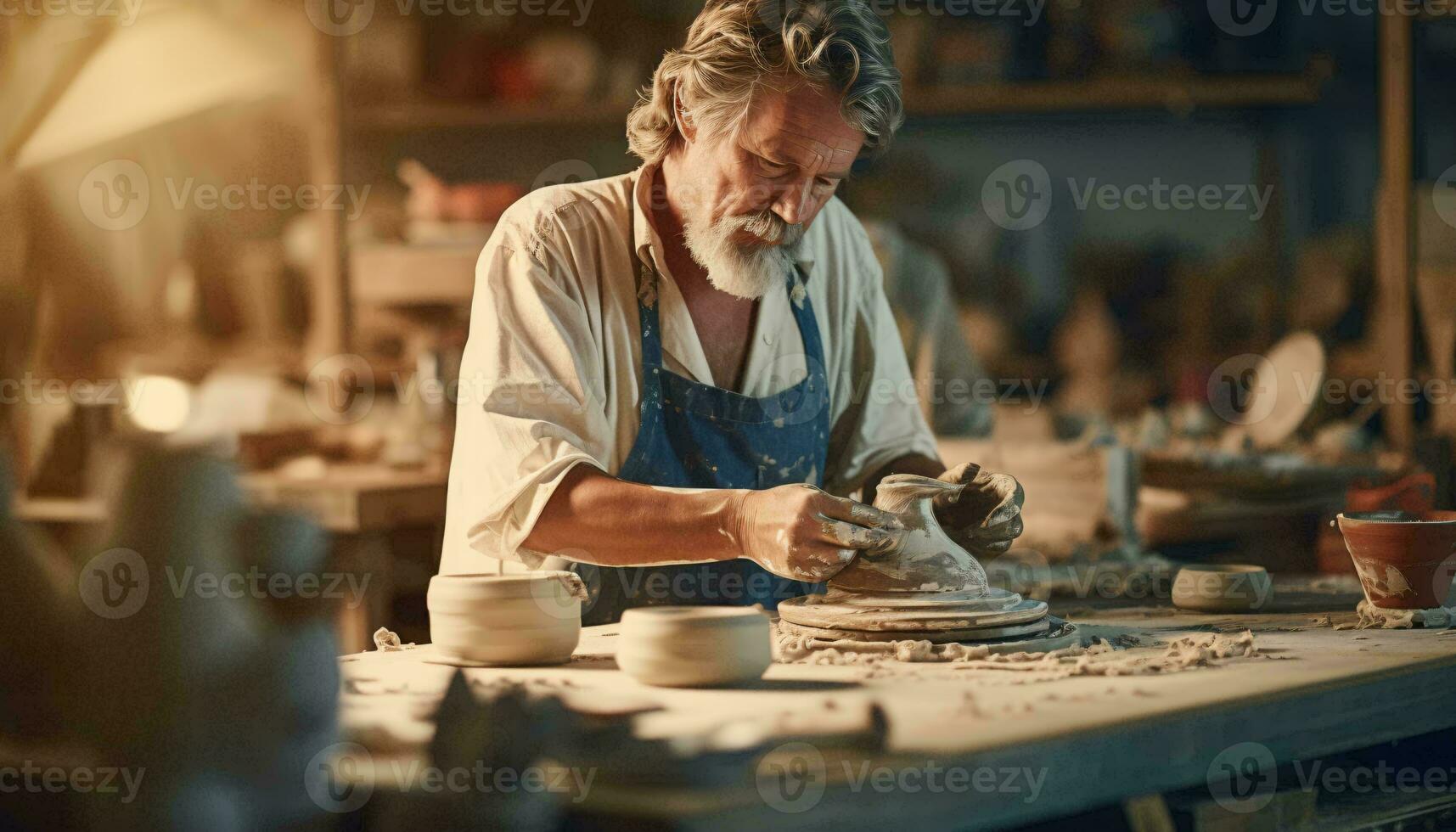 une potier création poterie dans une traditionnel poterie atelier ai généré photo