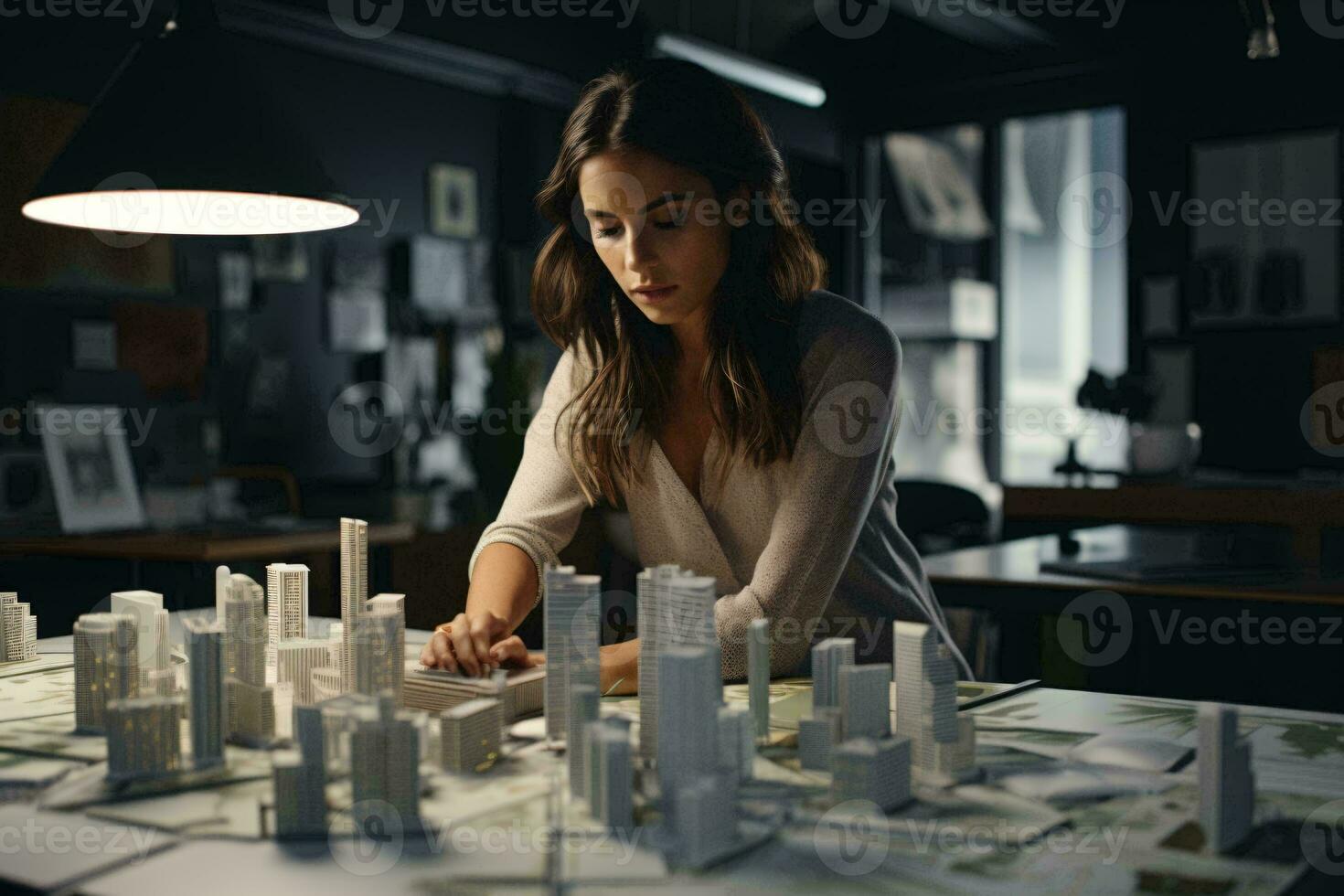 une femme séance à une table avec une modèle ville dans de face de sa ai généré photo