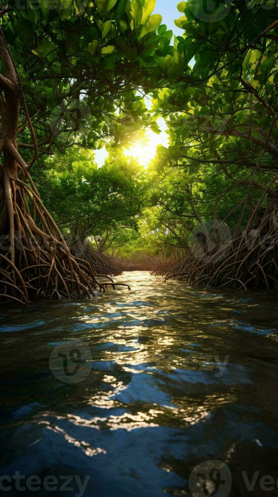 une serein paysage avec lumière du soleil diffusion par des arbres sur le l'eau ai généré photo