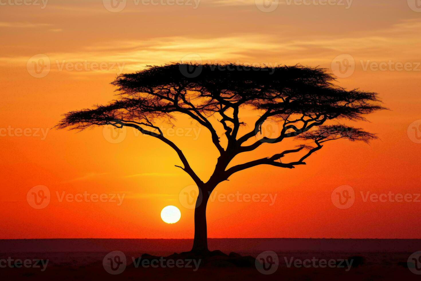 une magnifique le coucher du soleil derrière une solitaire arbre ai généré photo