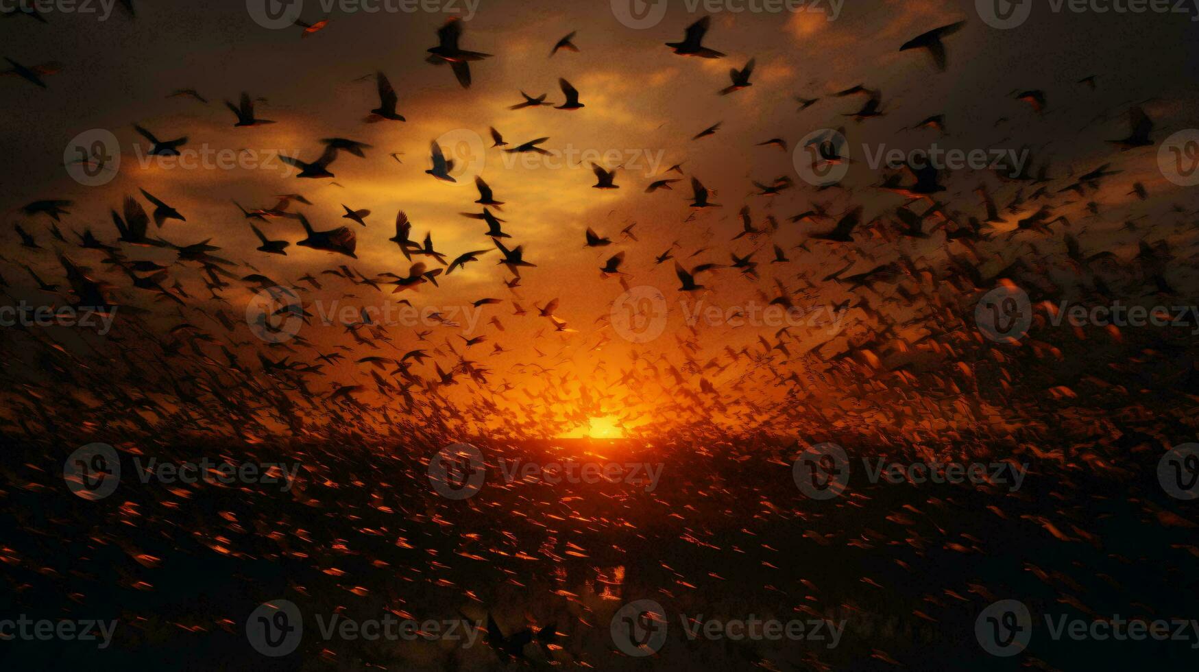 des oiseaux en volant plus de une magnifique le coucher du soleil ai généré photo