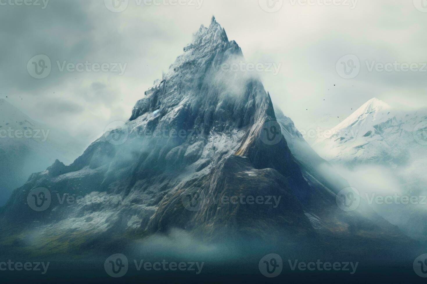 une majestueux Montagne de pointe émergente de une mer de des nuages ai généré photo