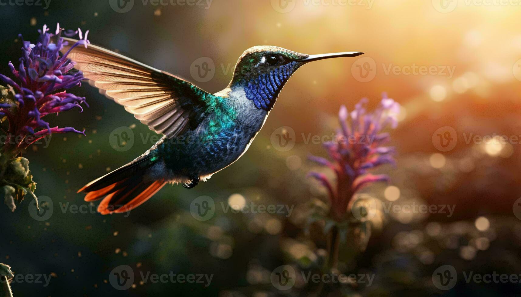 une colibri dans vol au dessus une vibrant violet fleur ai généré photo