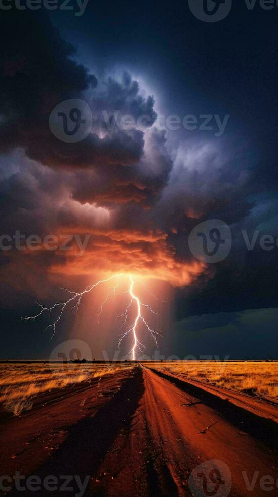 une spectaculaire foudre orage éclairant une saleté route ai généré photo