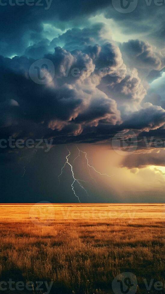 une vaste ouvert champ avec une fascinant ciel rempli avec duveteux des nuages ai généré photo