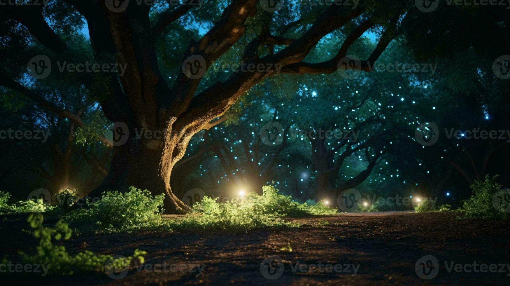 une illuminé forêt chemin à nuit ai généré photo