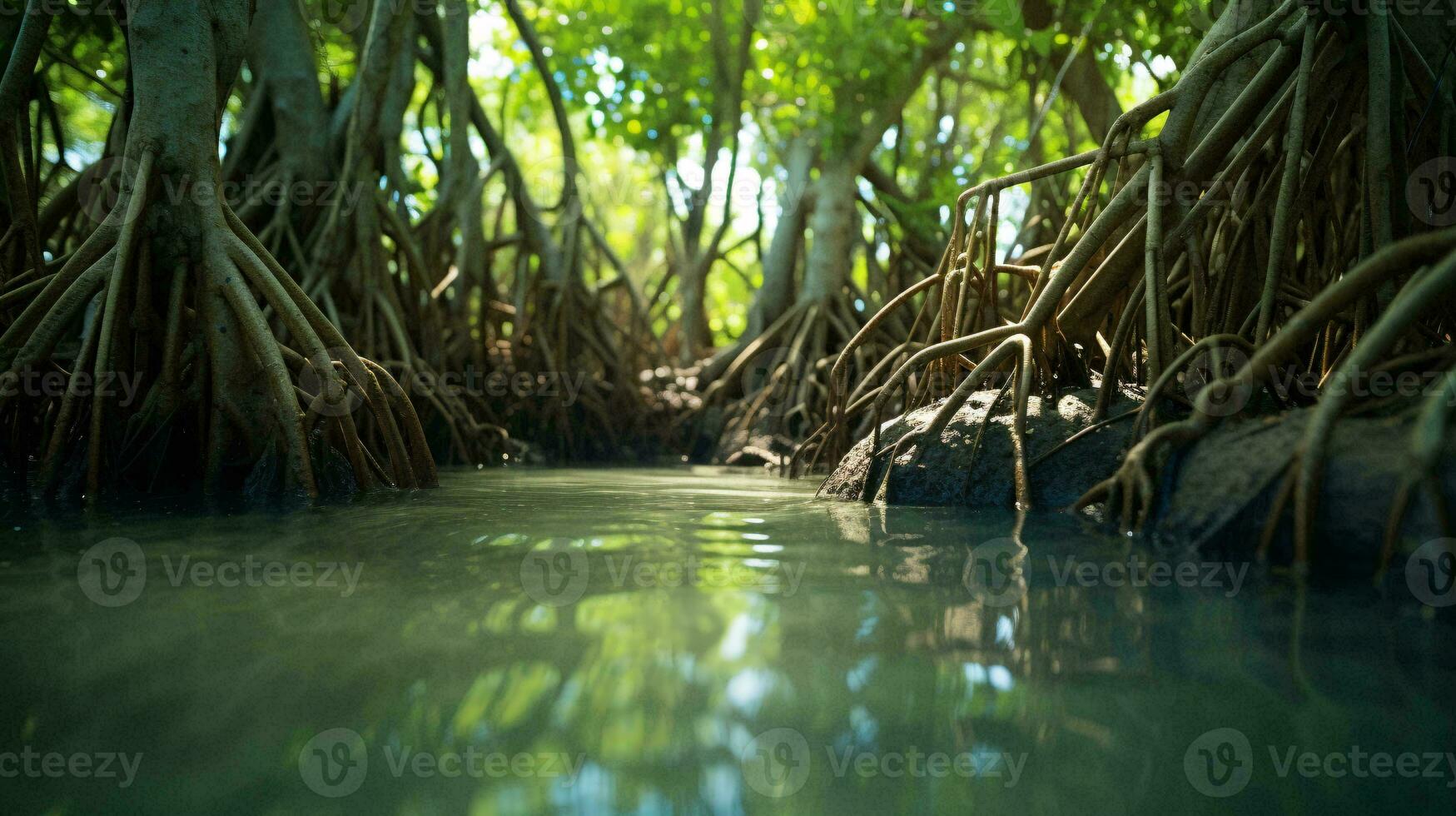 une serein Lac niché parmi luxuriant vert des arbres et rocheux formations ai généré photo