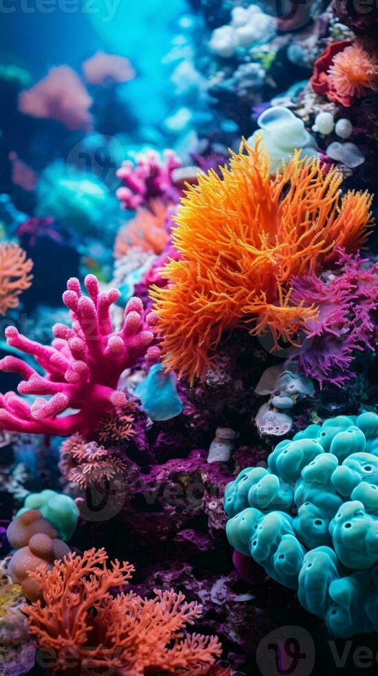 une vibrant corail récif mettant en valeur une coloré tableau de coraux dans leur Naturel habitat ai généré photo