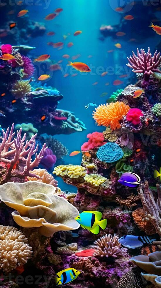 une vibrant et diverse sous-marin monde dans une grand aquarium ai généré photo