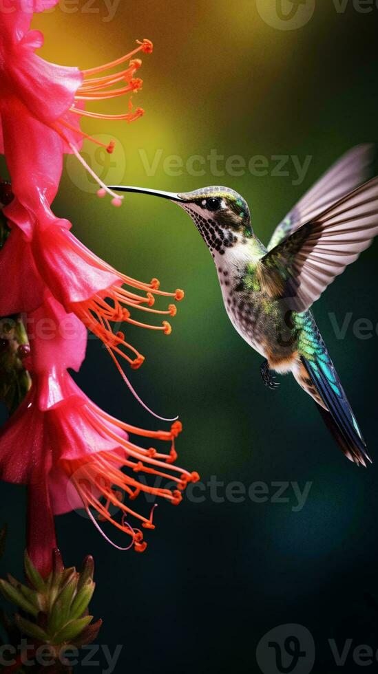 une colibri dans en plein vol vers une vibrant rose fleur ai généré photo