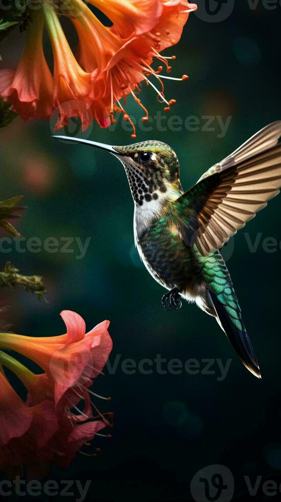 une colibri dans vol près une vibrant fleur ai généré photo