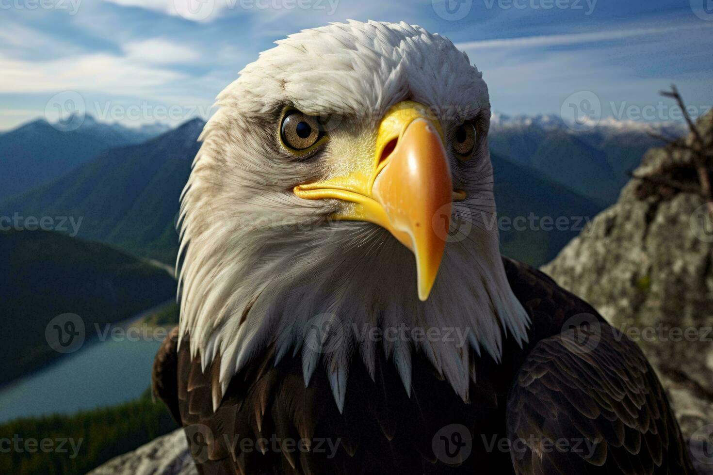 une chauve Aigle avec une Jaune le bec ai généré photo