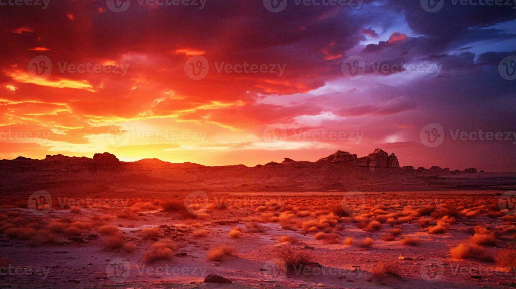 une désert paysage avec une le coucher du soleil ai généré photo