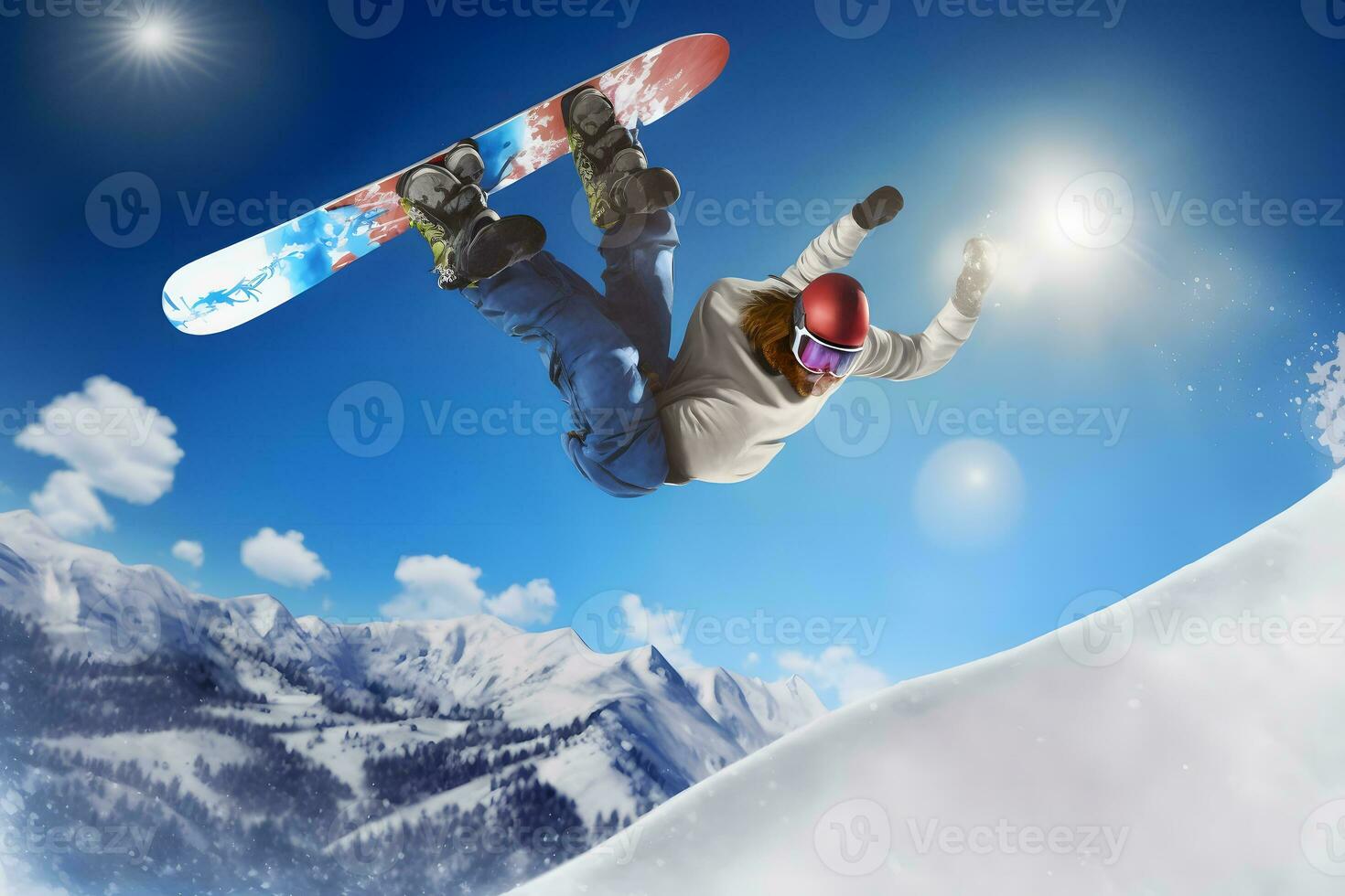 snowboarder à sauter dans haute montagnes à ensoleillé journée. neural réseau ai généré photo
