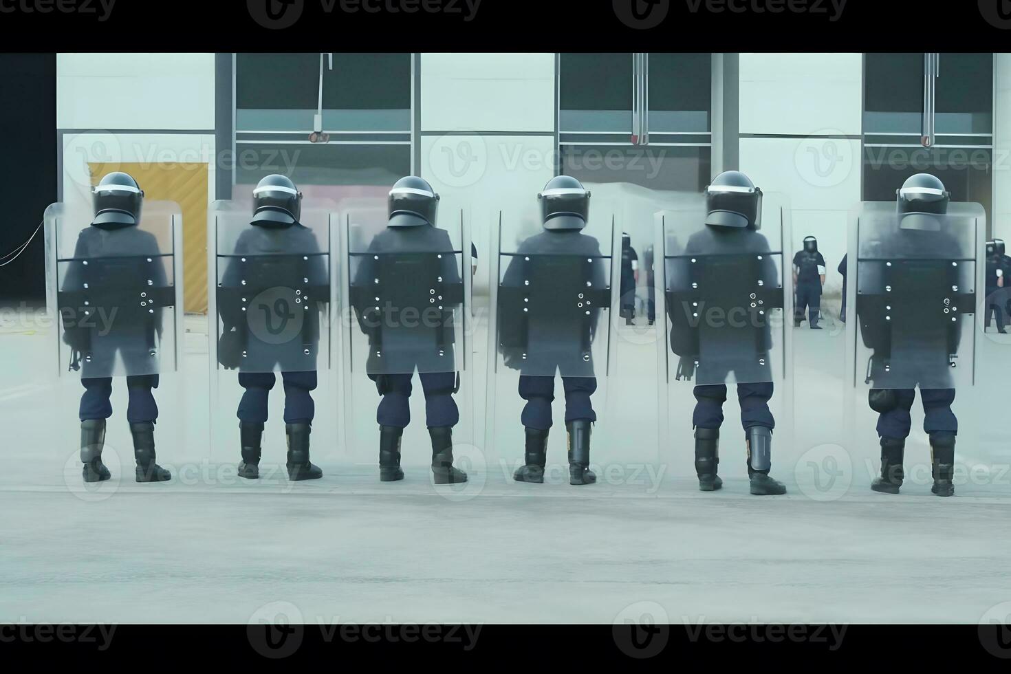 faible angle de anonyme police soldats dans protecteur uniformes et casques permanent contre équipe van et défendre par émeute Boucliers. neural réseau ai généré photo