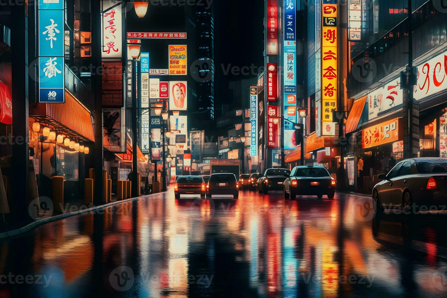 nuit Japonais ville dans néon éclairage. neural réseau ai généré photo