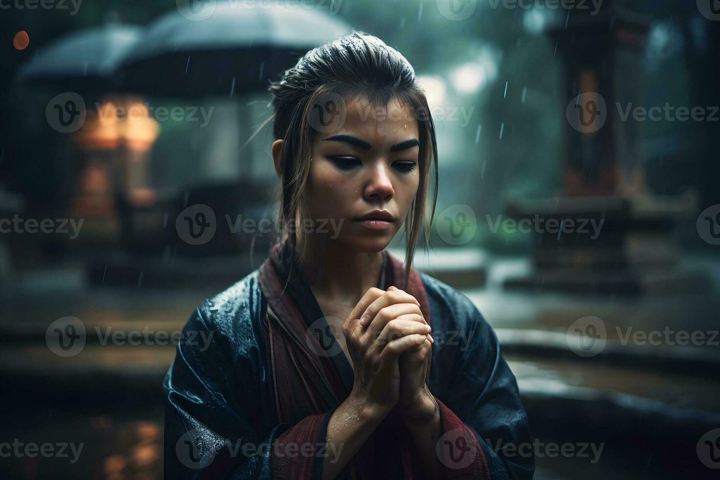 asiatique femme méditer dans le temple dans le pluie. neural réseau ai généré photo