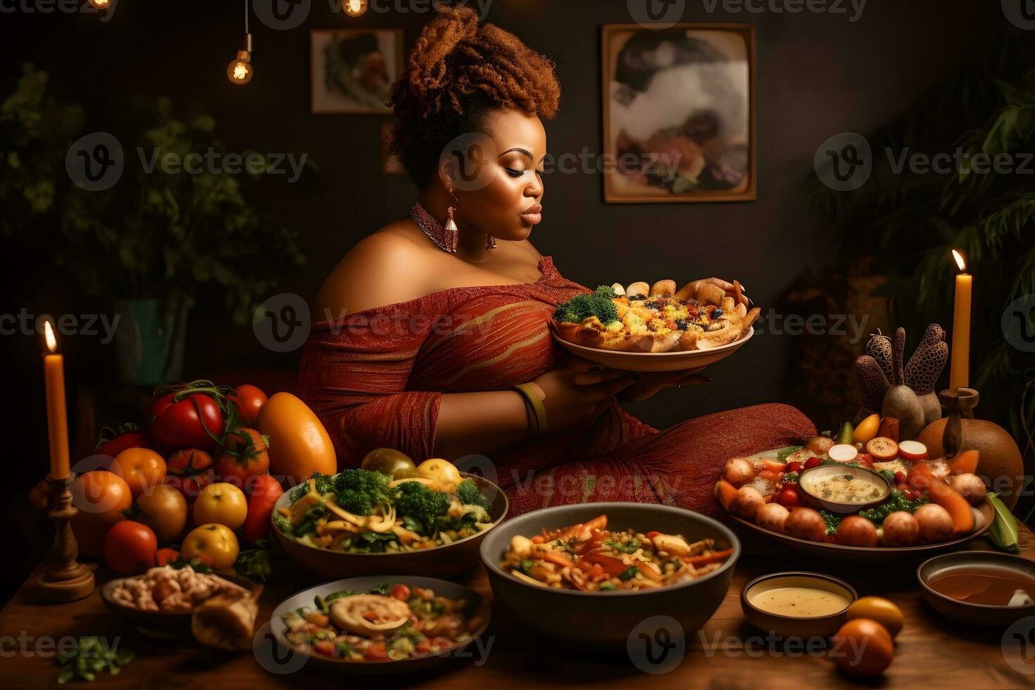 foncé écorché plus Taille fille et une lot de aliments. neural réseau ai généré photo