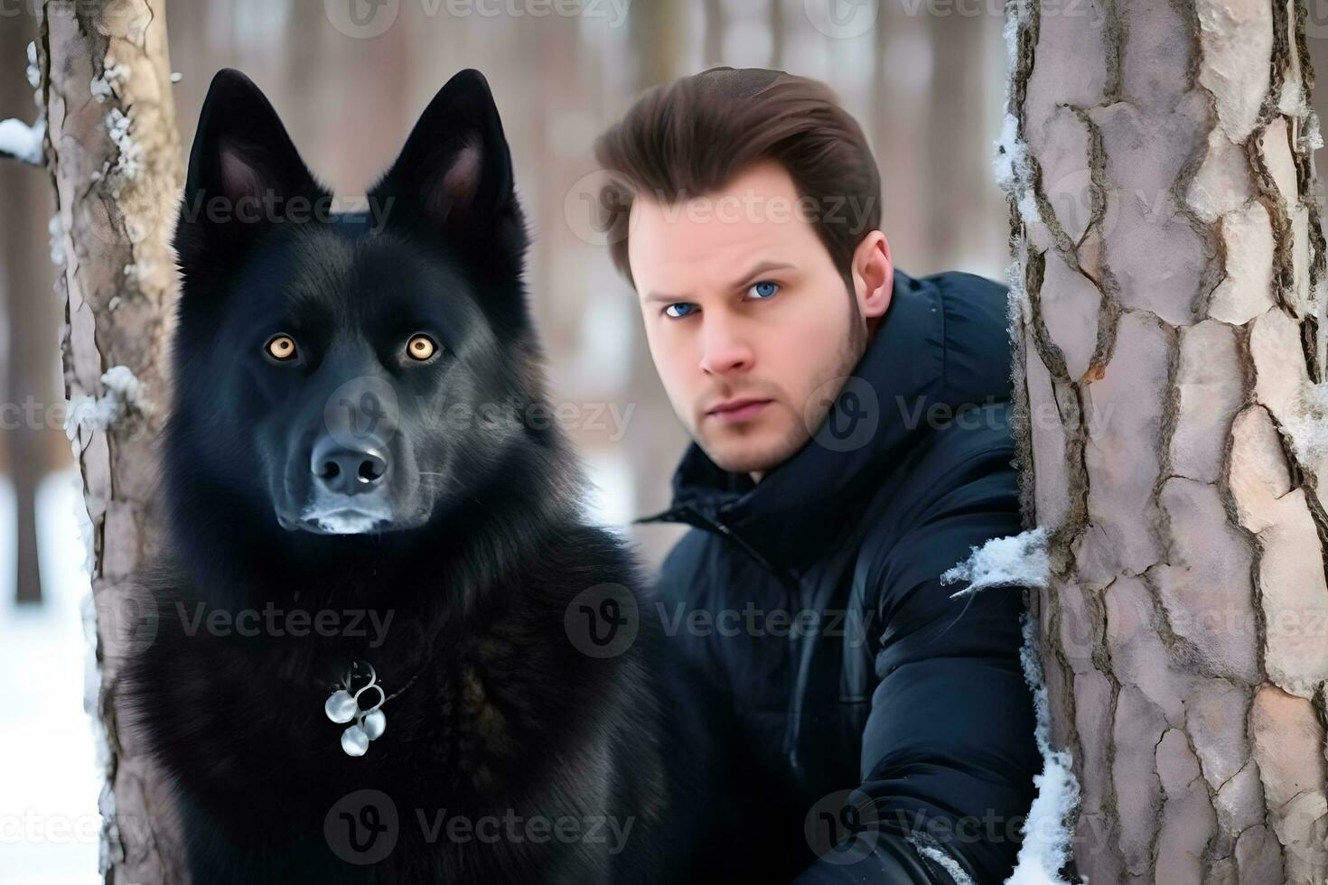 homme en marchant avec le sien chien ami. neural réseau ai généré photo