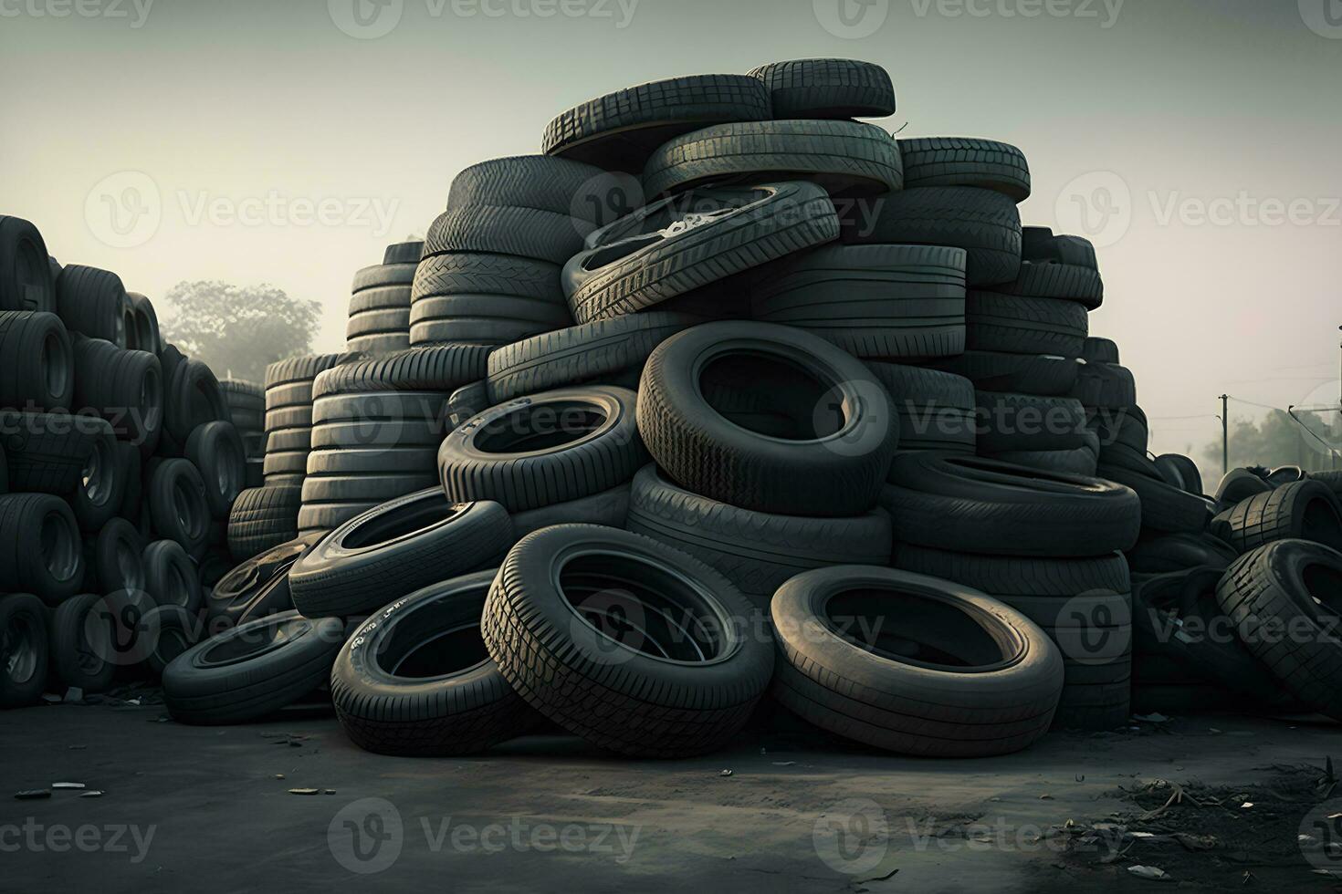 gros pile de utilisé vieux voiture pneus pour recyclage. neural réseau généré art photo