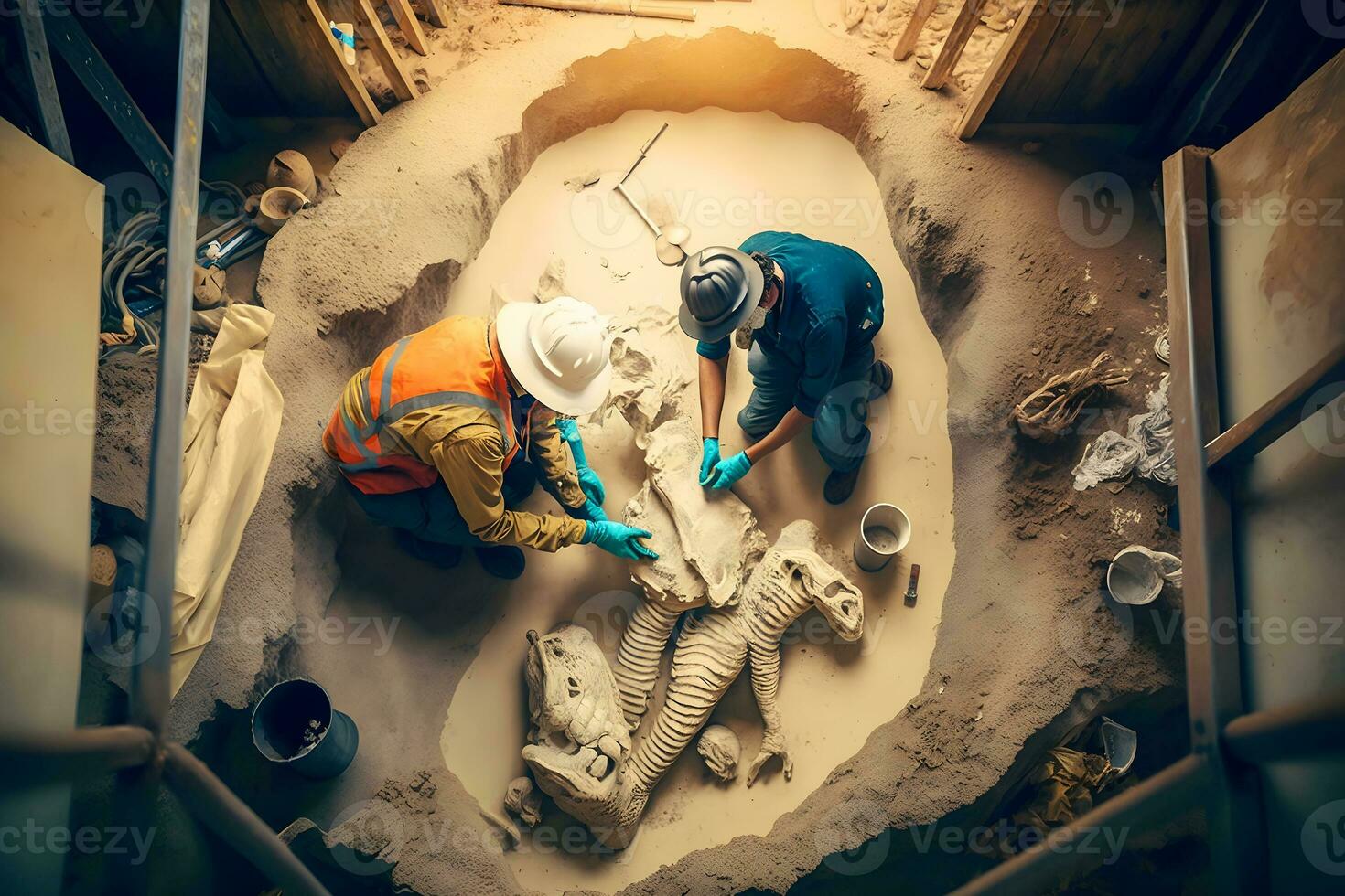 archéologue travaux sur un archéologique site avec dinosaure squelette dans mur pierre fossile tyrannosaure fouilles. neural réseau ai généré photo