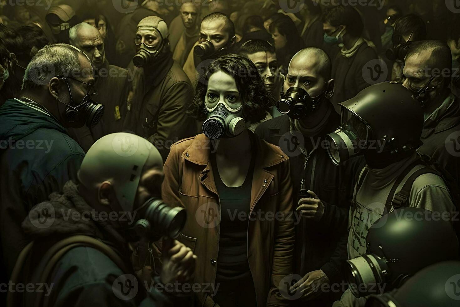 foule de gens dans uniforme et gaz masque. concept de radiation et virus, environnement pollution. neural réseau ai généré photo