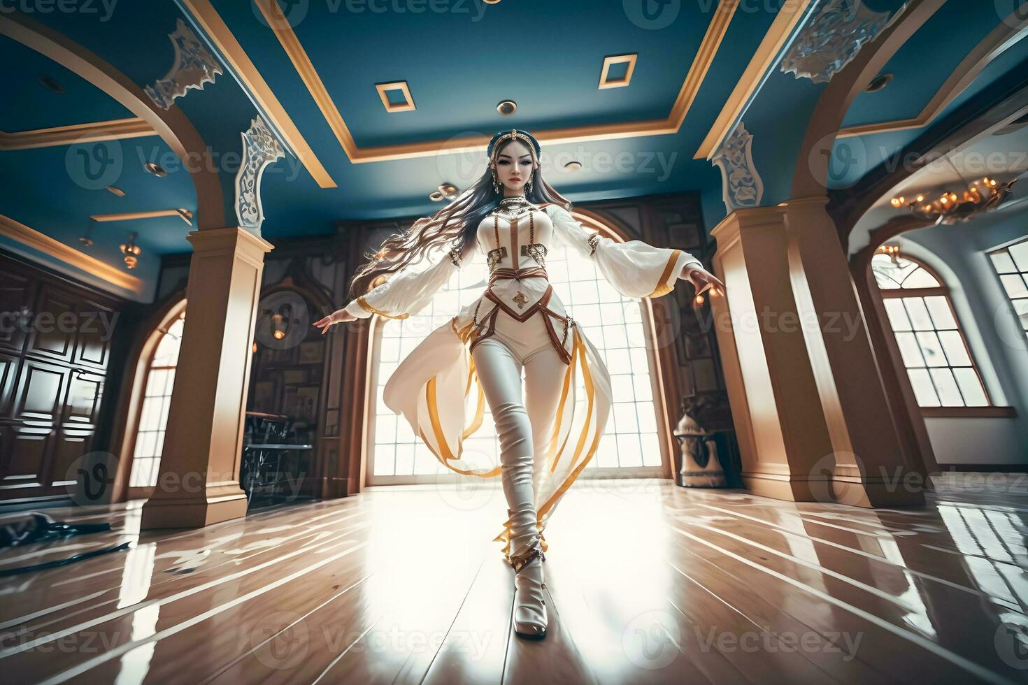 asiatique fille dans une magnifique costume est dansant k-pop. neural réseau ai généré photo