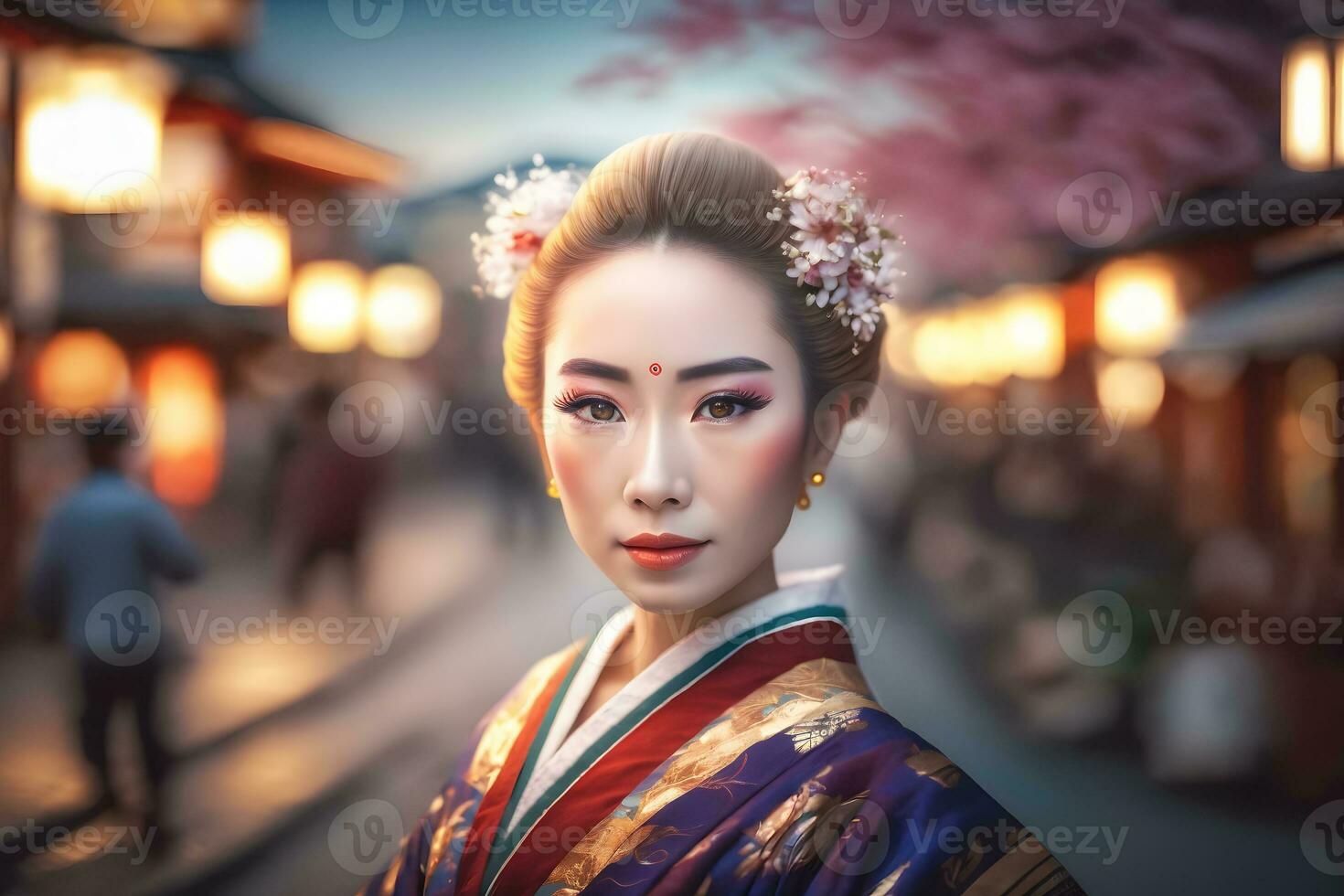 portrait de une Japonais femme dans nationale vêtements. neural réseau ai généré photo