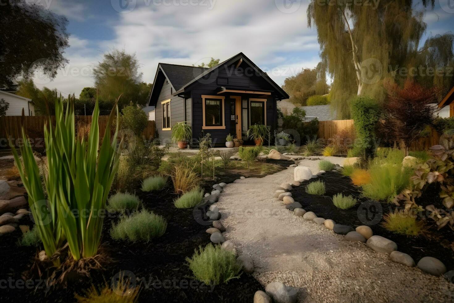 privé maison à l'extérieur le ville avec une jardin. neural réseau ai généré photo