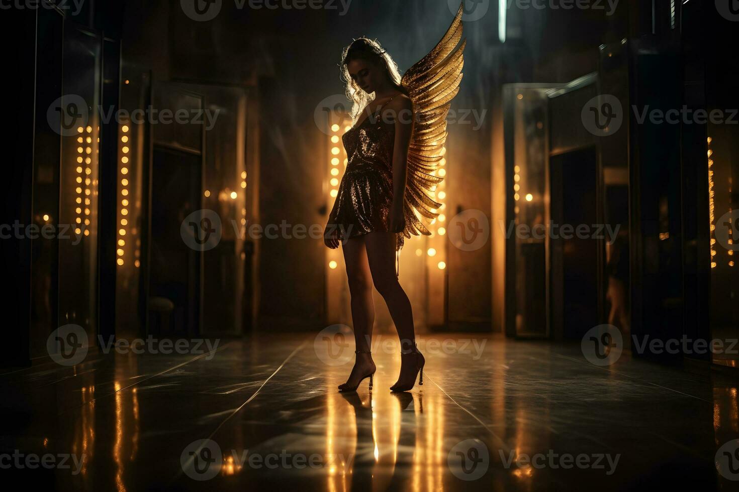 Danseur dans d'or robe avec ange ailes. neural réseau ai généré photo