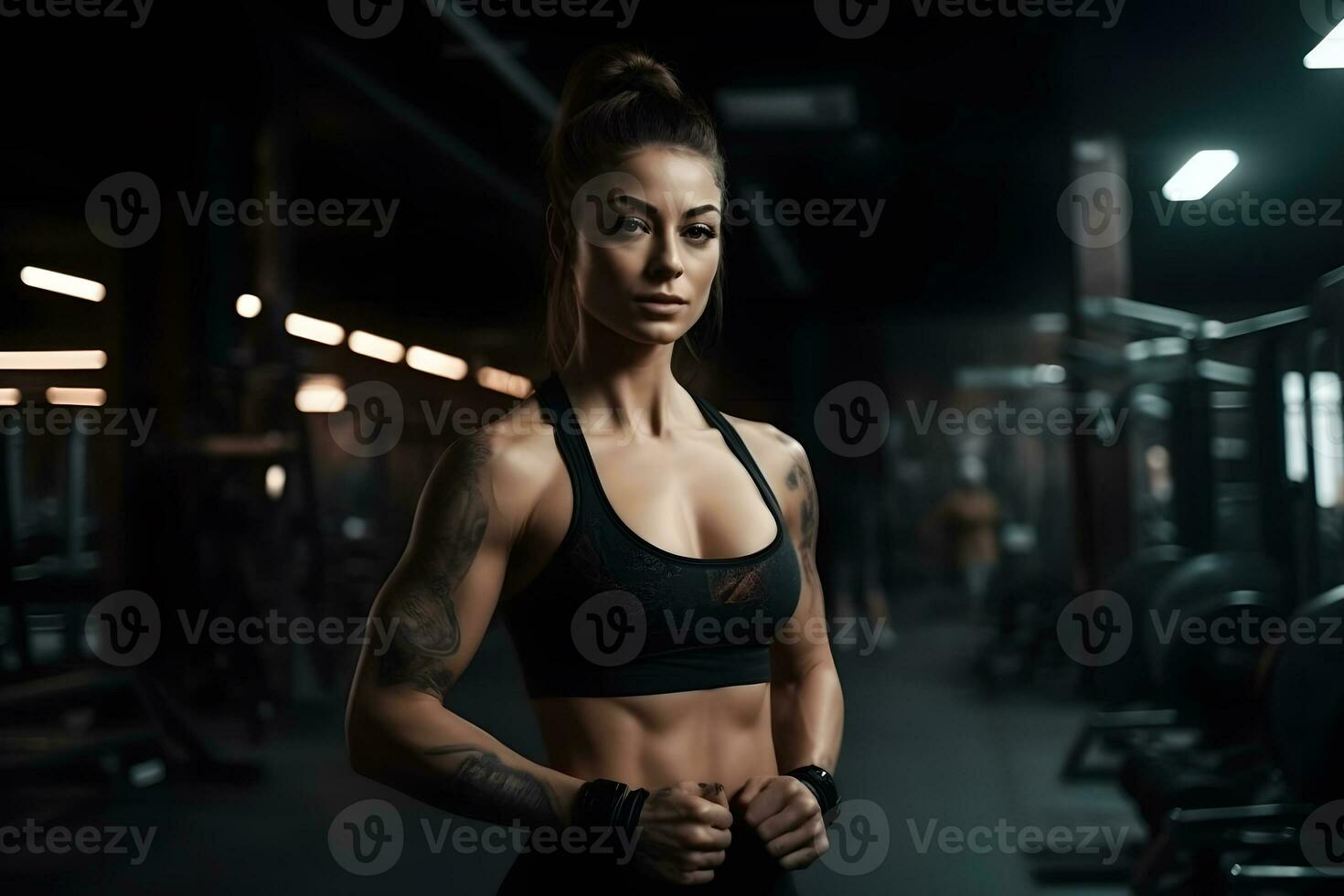 portrait de un athlète fille dans le salle de sport. neural réseau ai généré photo