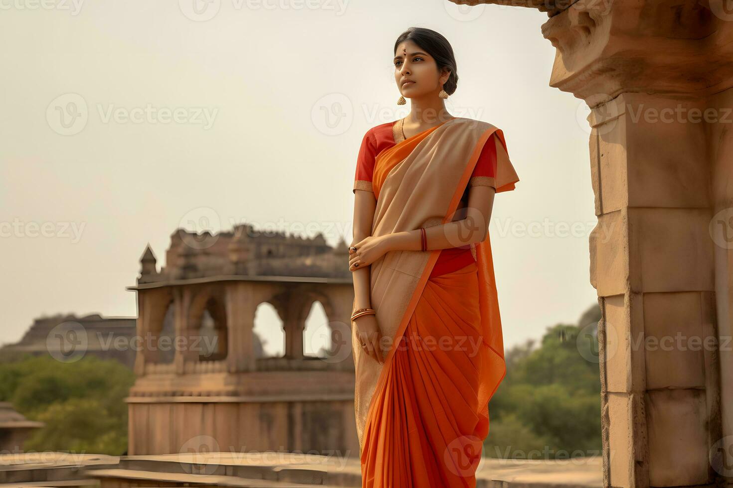 portrait de une traditionnellement habillé femme de Indien origine. neural réseau ai généré photo