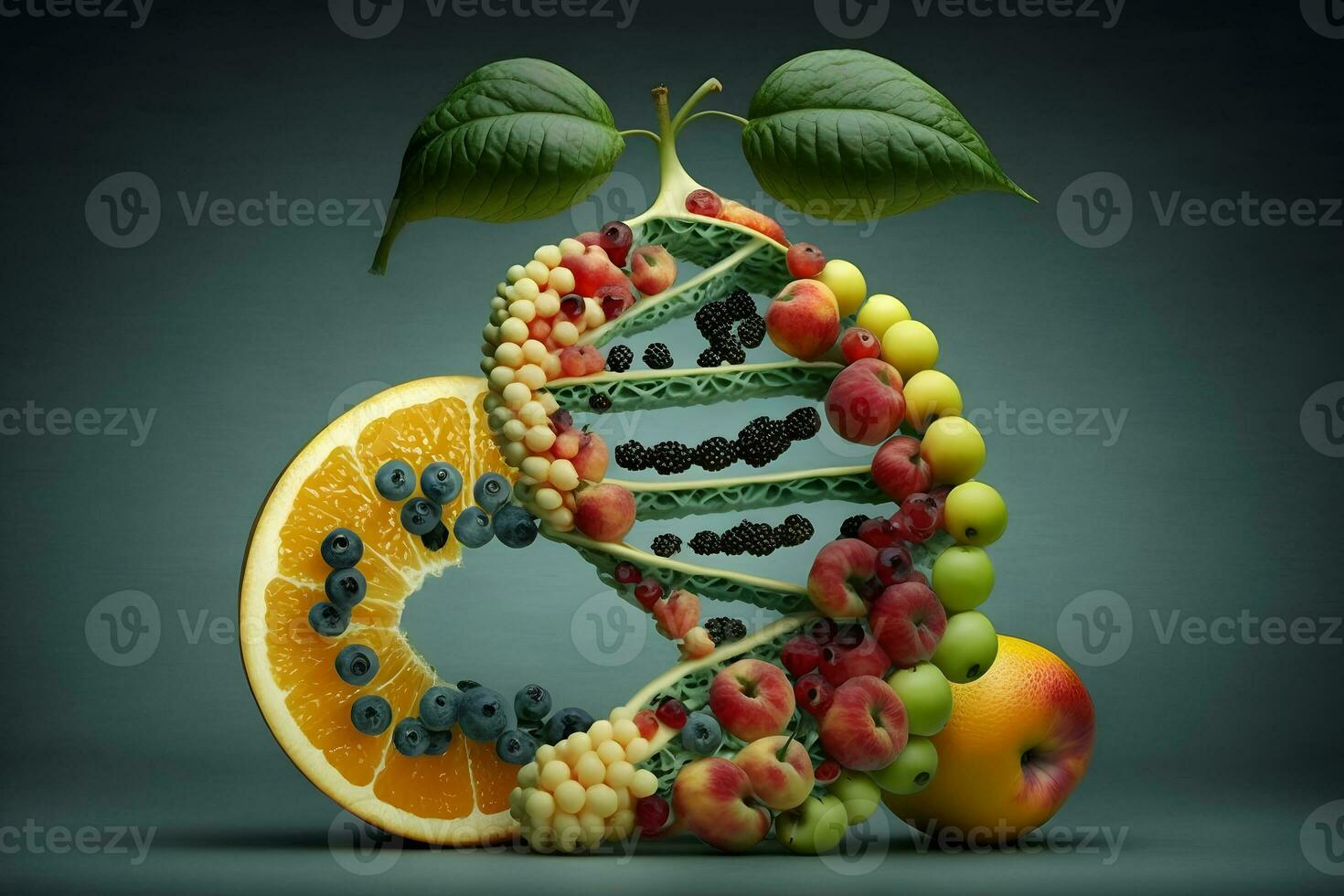 organisme génétiquement modifié nourriture et génétiquement modifié cultures ou conçu agriculture concepts fruit et des légumes. neural réseau généré art photo