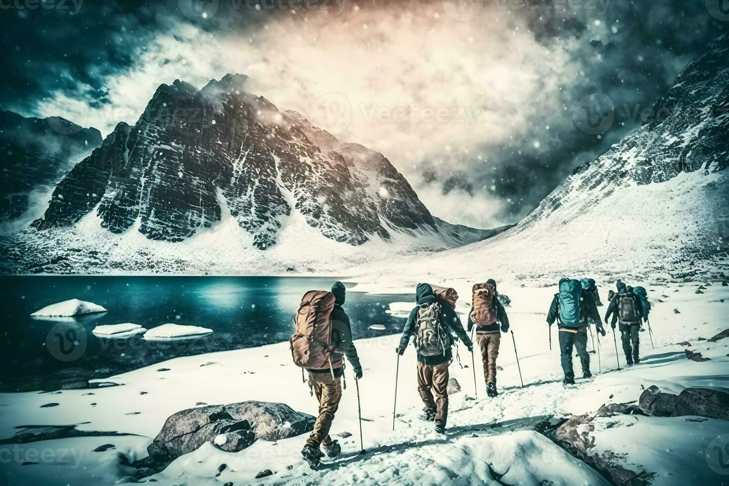 groupe de touristes dans hiver dans le montagnes. travail en équipe concept. neural réseau ai généré photo
