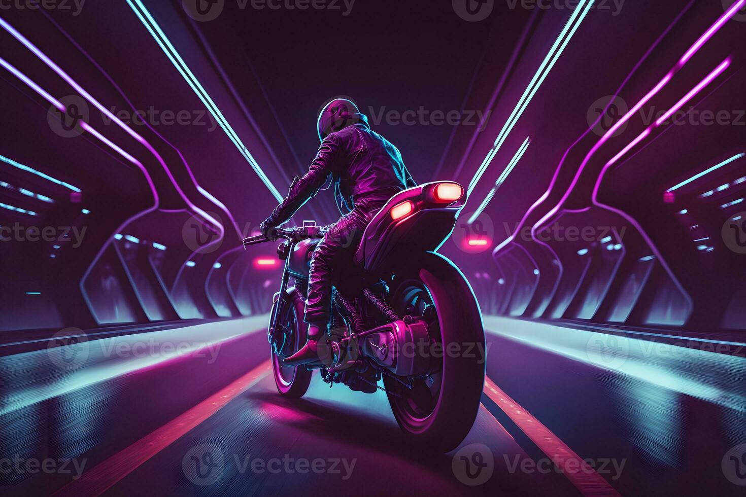 futuriste motard sur une retrowave le coucher du soleil avec une pépin et haute vitesse effet. neural réseau ai généré photo