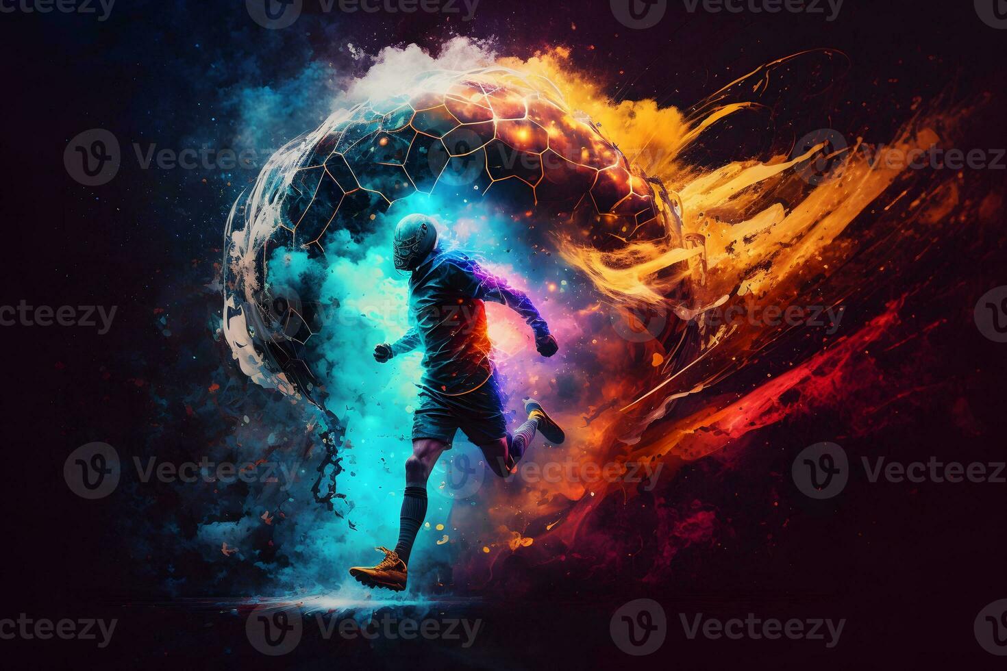 Football joueur coups de pied le Balle contre le Contexte de multicolore abstraction. neural réseau ai généré photo