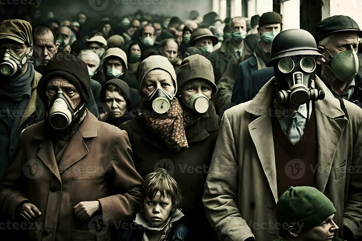 foule de gens dans uniforme et gaz masque. concept de radiation et virus, environnement pollution. neural réseau ai généré photo