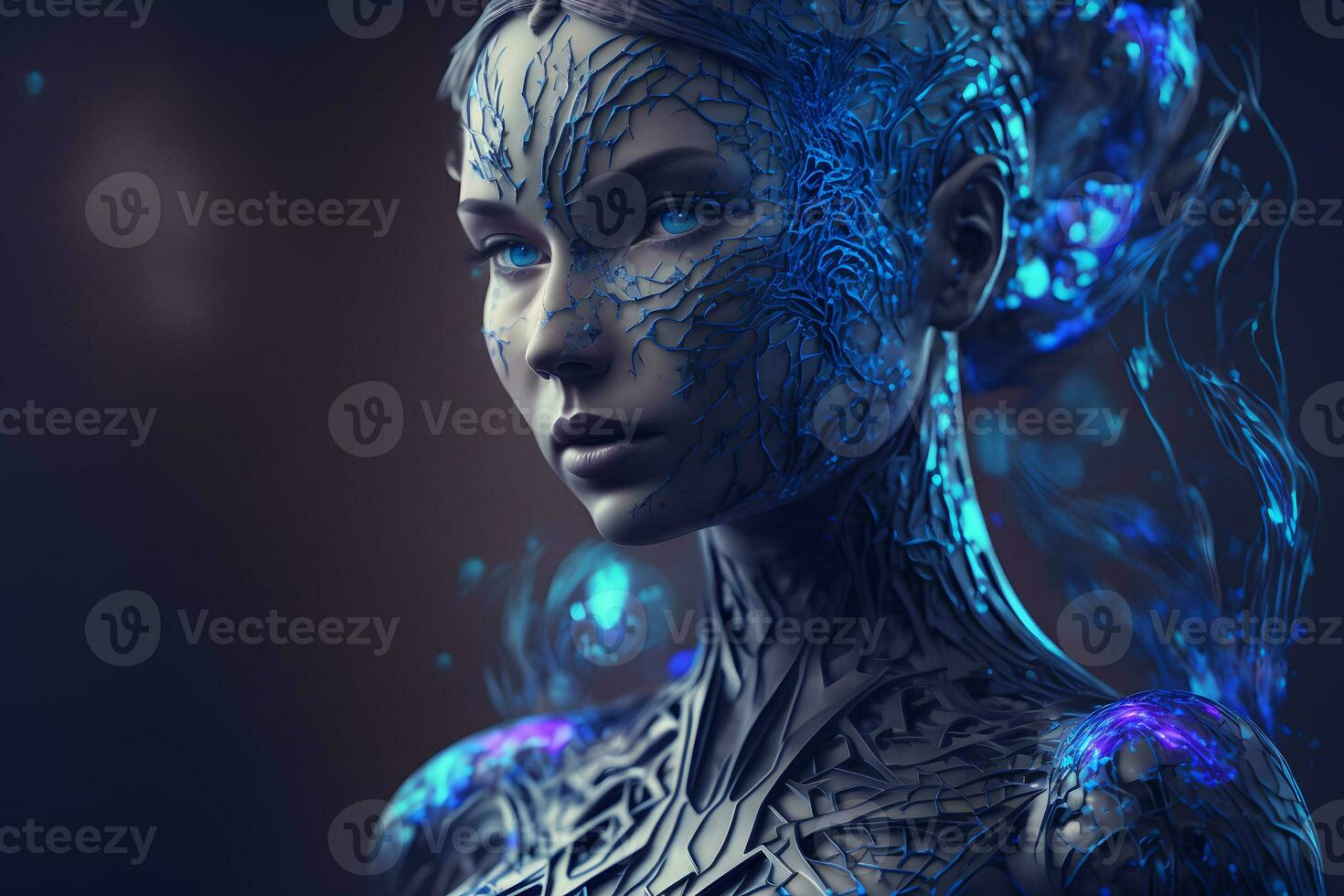 moderne futuriste femelle humanoïde robot portrait avec La technologie détails sur affronter. neural réseau généré art photo
