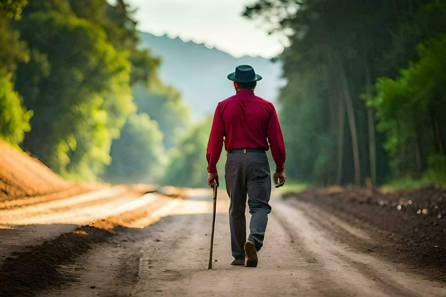 une homme en marchant vers le bas une saleté route avec une canne. généré par ai photo