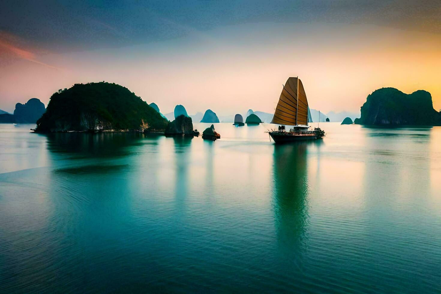 une bateau dans le l'eau à le coucher du soleil avec montagnes dans le Contexte. généré par ai photo