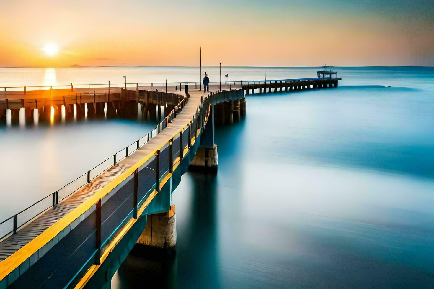 une longue exposition photographier de une jetée à le coucher du soleil. généré par ai photo