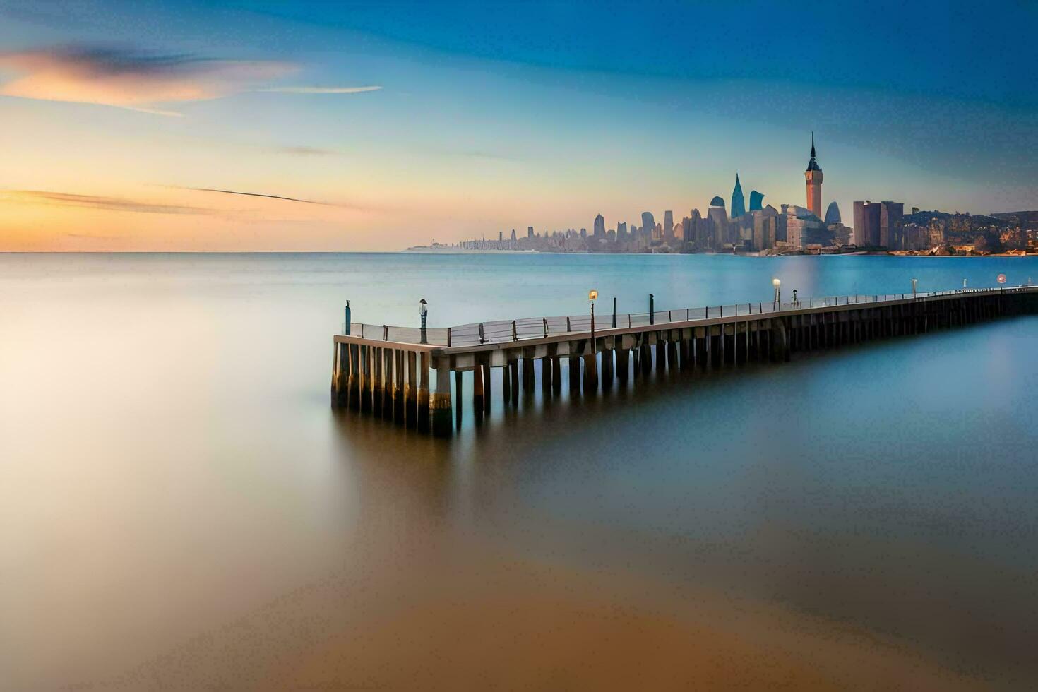 une longue exposition photographier de une jetée dans le l'eau avec le Manhattan horizon dans le Contexte. généré par ai photo