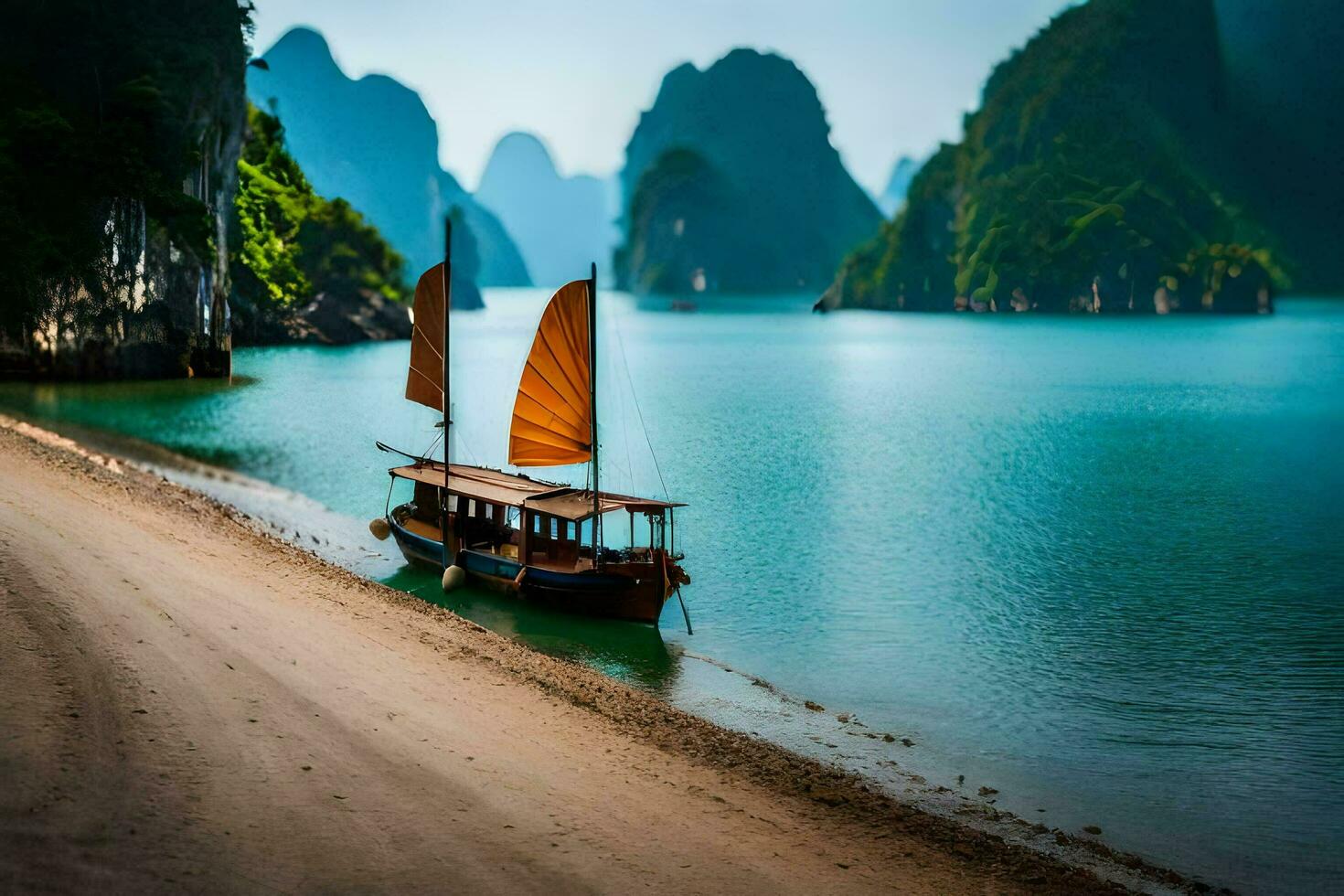 une bateau avec une voile sur le l'eau près montagnes. généré par ai photo